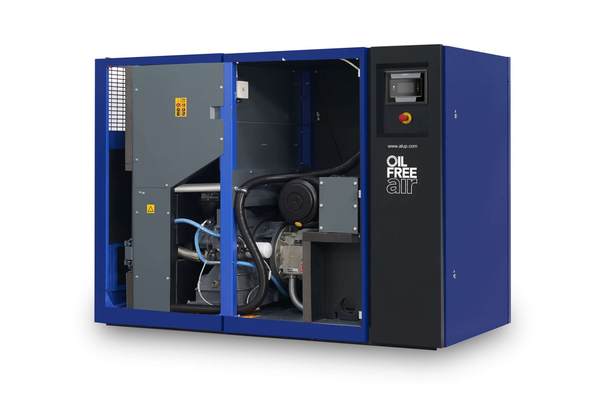 Blue and black oil-free compressor on a white background